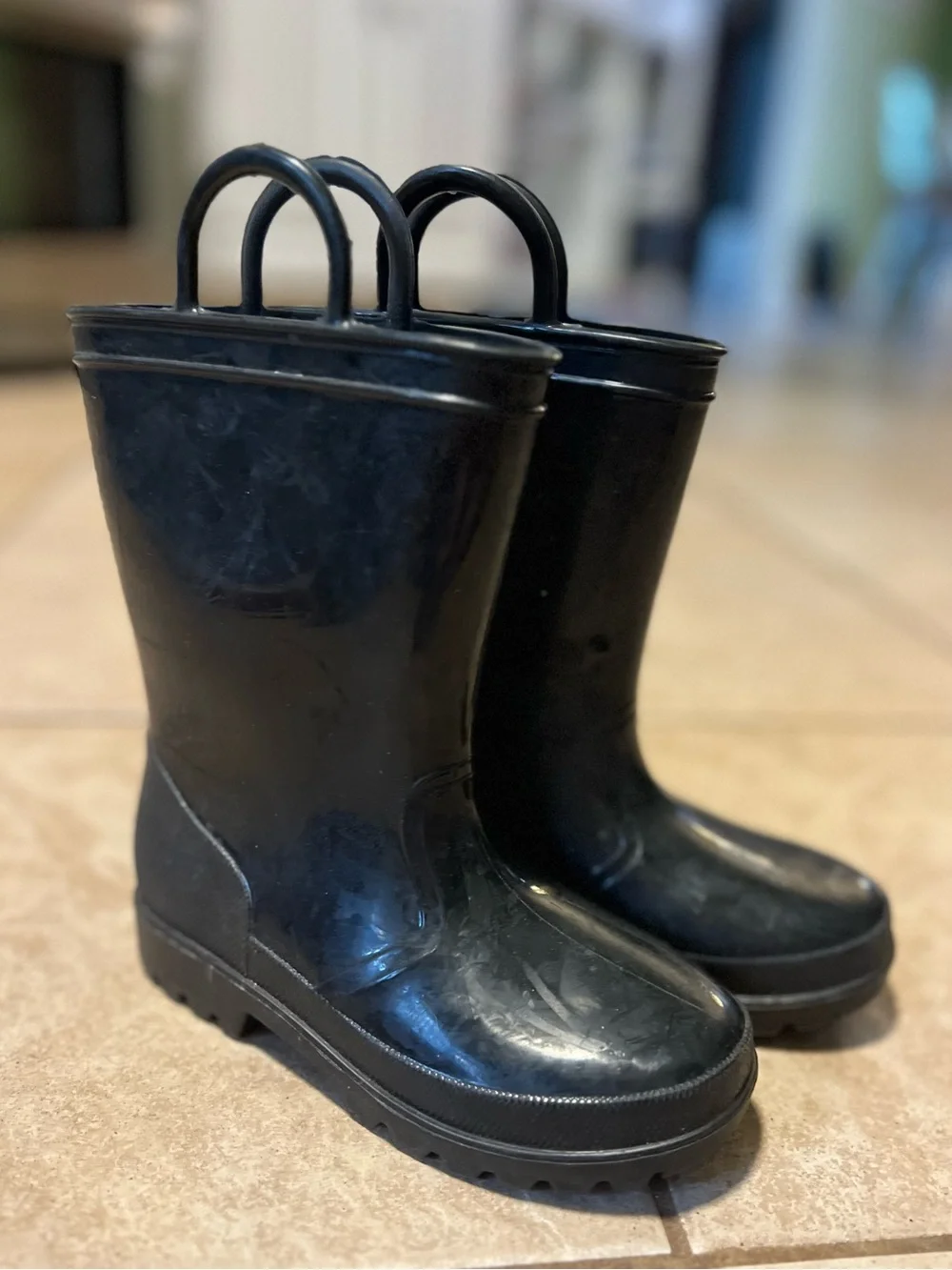 Kids Black Waterproof Rain Boots with Easy-Grab Handles